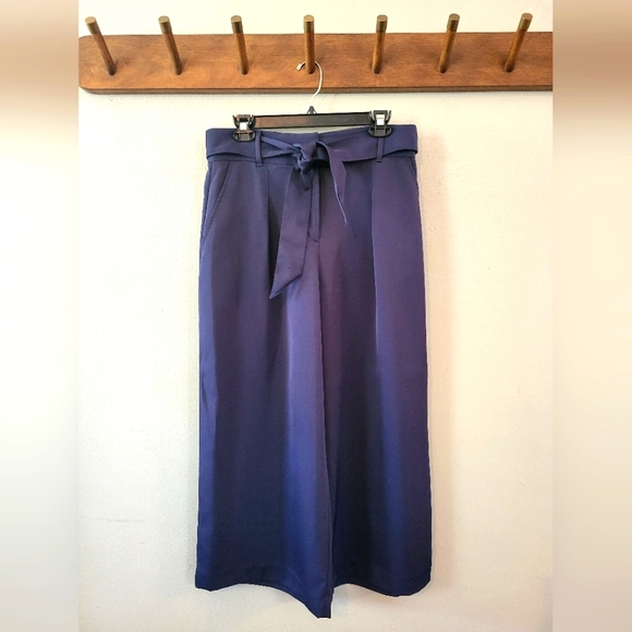 LOFT Pleated Cropped Pants with Belt | Navy Blue - Picture 1 of 8